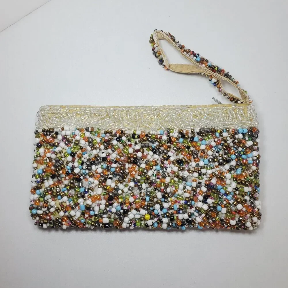 VTG Cream/Multi HEAVY GLASS BEADS Evening Cocktail WRISTLET CLUTCH Purse 1960s